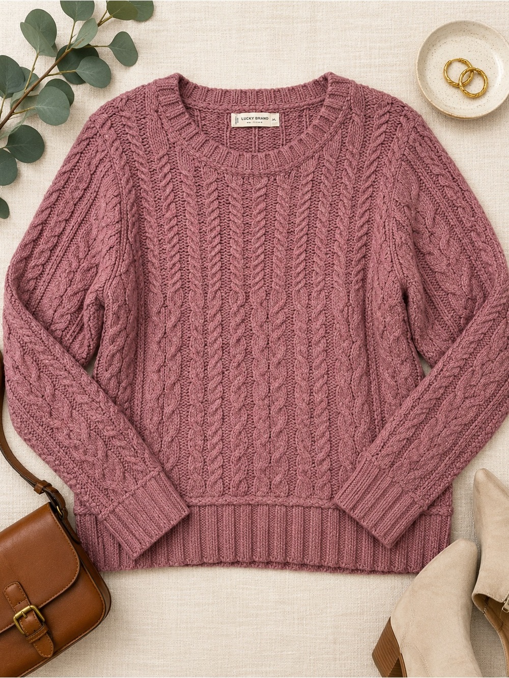 Lucky Brand Pink Cable Knit Sweater XL Chunky Cotton Cozy Pullover